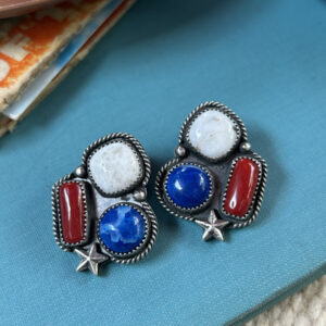 Rodeo Royale – Lapis, White Buffalo & Red Coral Star Earrings